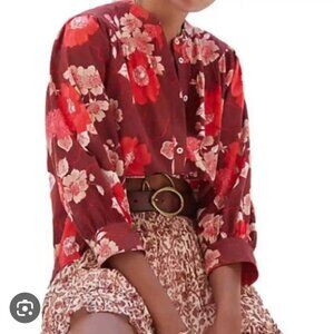 Anthropologie Porridge Red Cotton Floral Puff Sleeve Medium Tropical Blouse